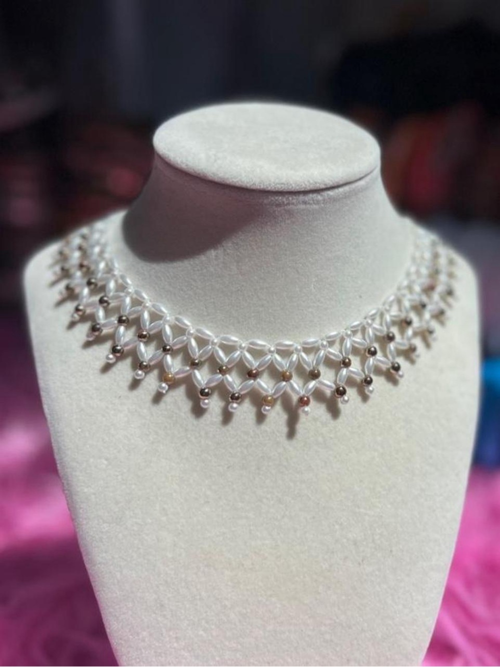 Pearl Bead Lattice Choker Necklace - White